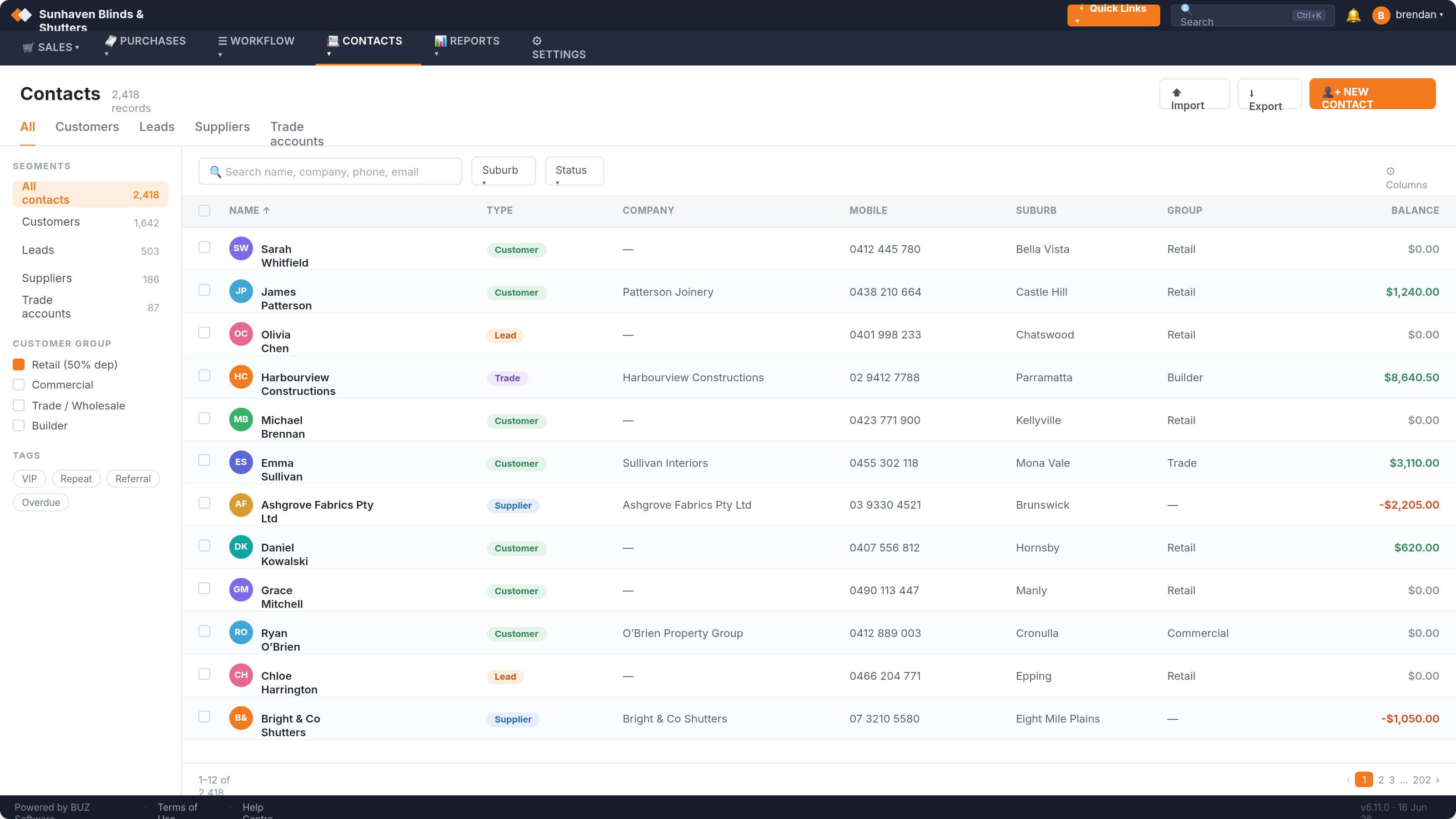 BUZ contacts database — customers, leads and suppliers with segments and balances