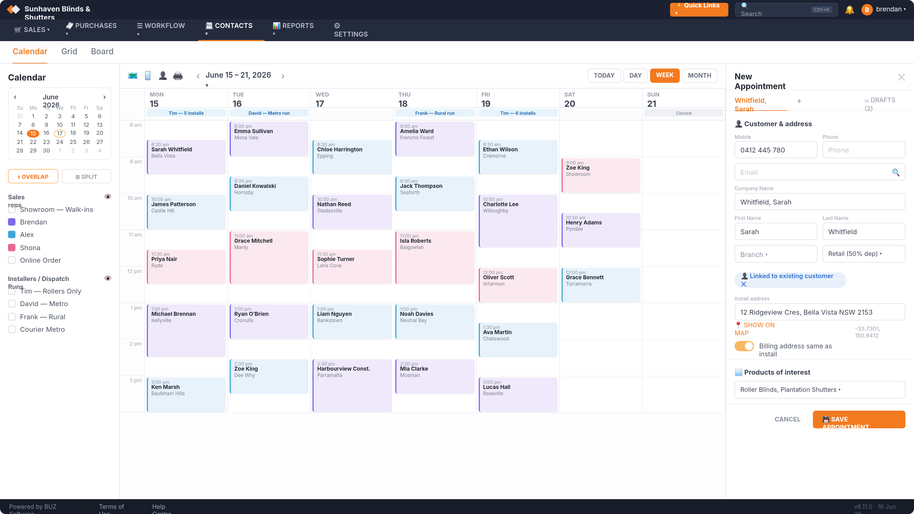 BUZ scheduling calendar with a new-appointment panel