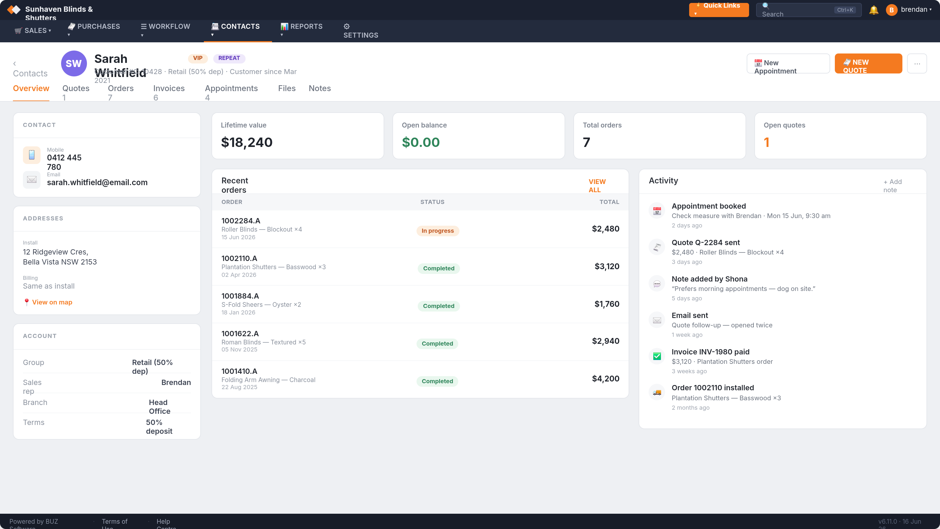 BUZ customer 360 view — lifetime value, orders and activity feed