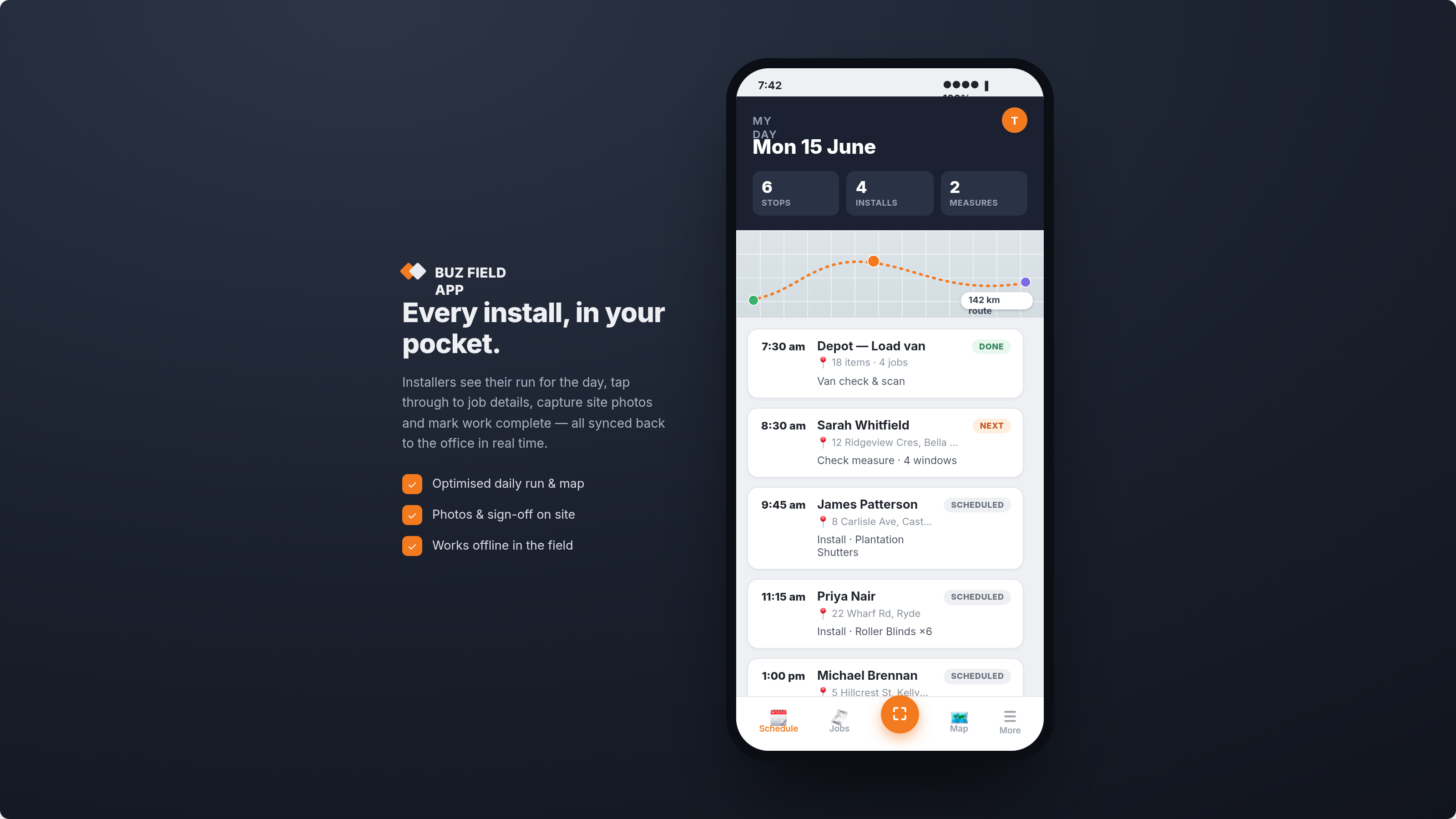 BUZ field app on a phone — an installer's optimised daily run with map, stops and job cards