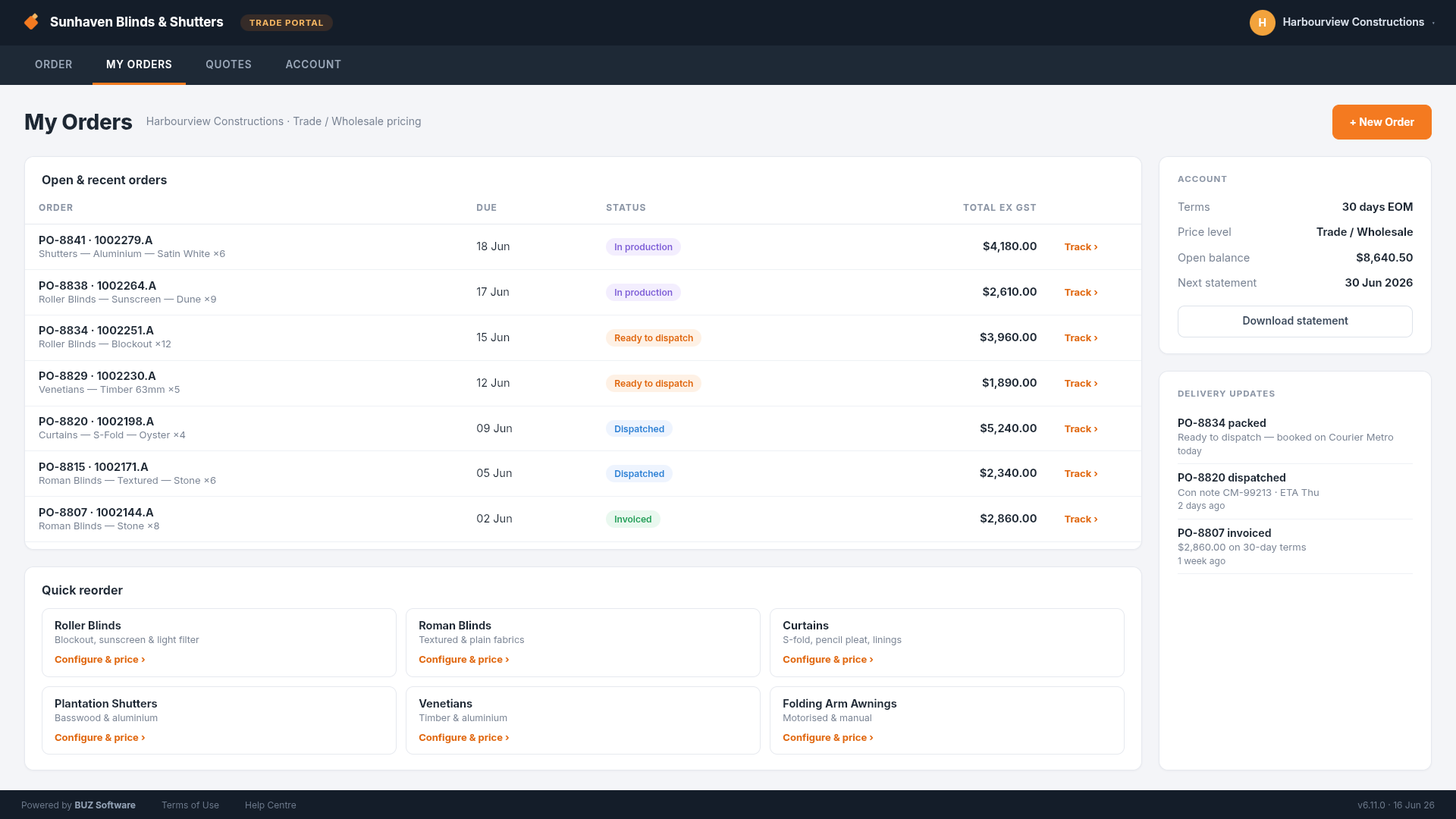 BUZ trade portal — a wholesale customer’s open orders, account balance and quick reorder
