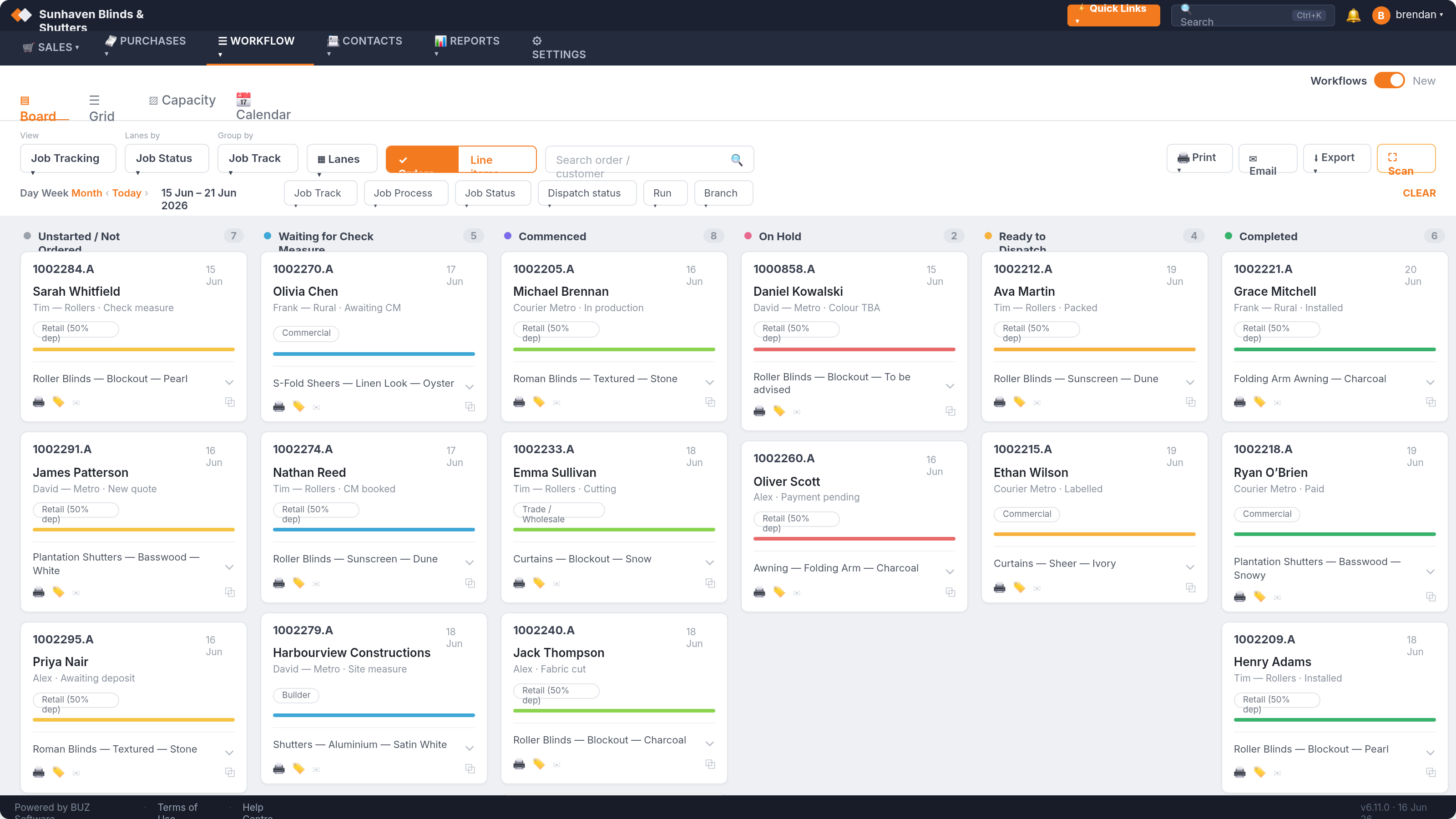 BUZ job tracking board — jobs in lanes from check-measure to completed
